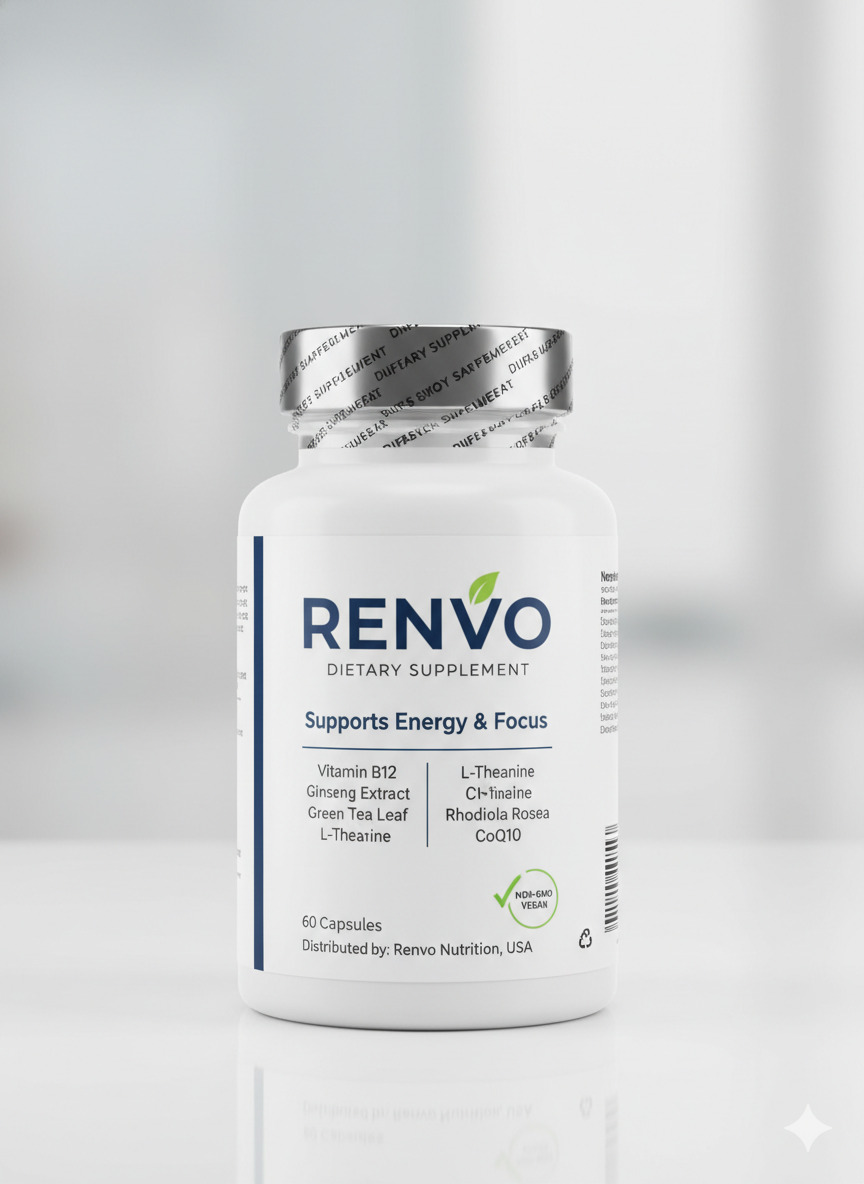 Renvo dietary supplement bottle with printed label and safety seal cap
